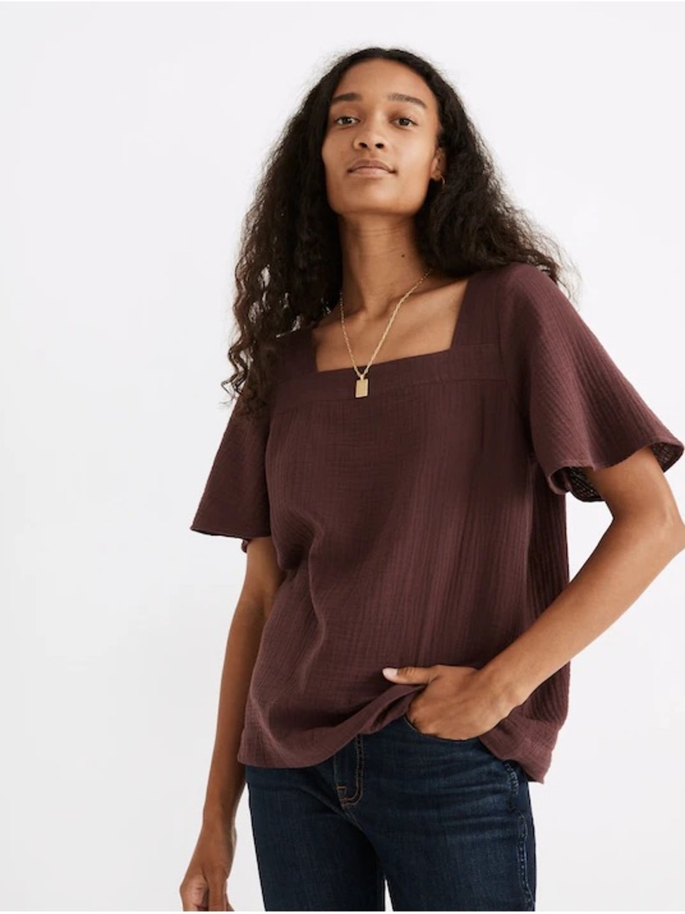 Madewell Deep Burgundy Brown Square Neck Top - Size L
